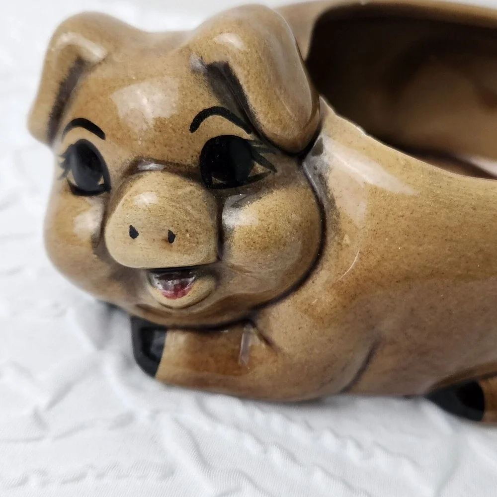 Pig Planter Small Brown Vintage Ceramic Succulent Pot Animal Decor